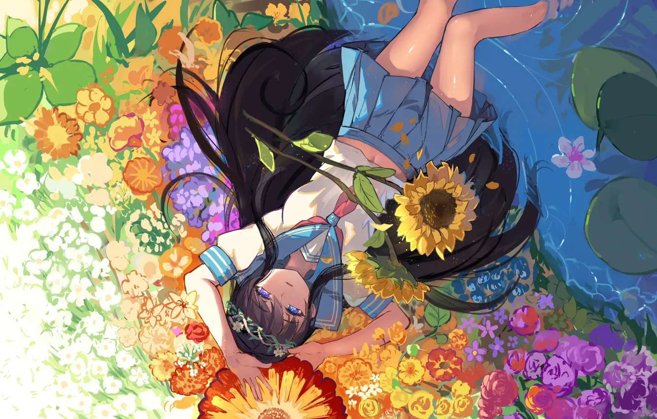 Photo wallpaper water, girl, sunflowers, flowers, anime, art, form, schoolgirl