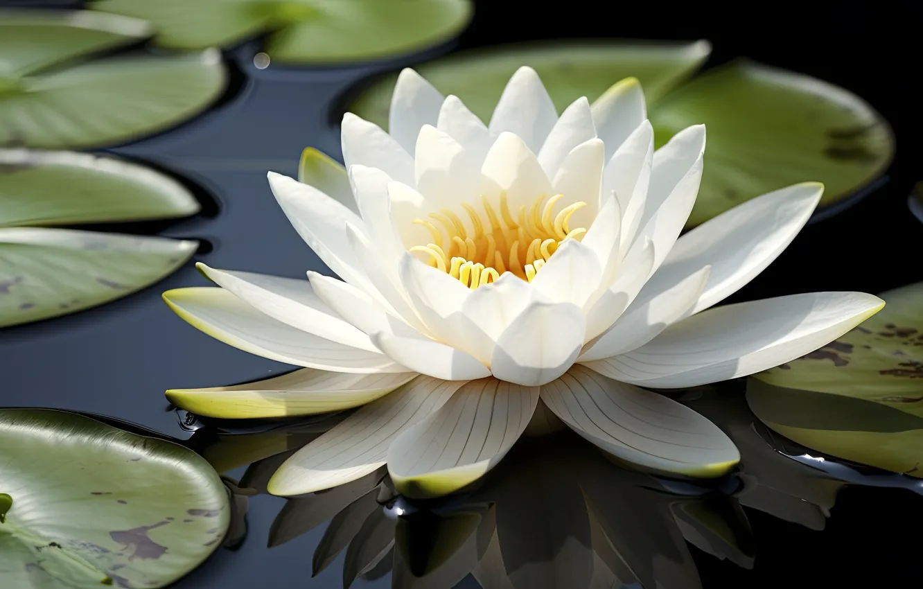 Photo wallpaper white, leaves, flowers, lake, pond, pond, water Lily, AI art