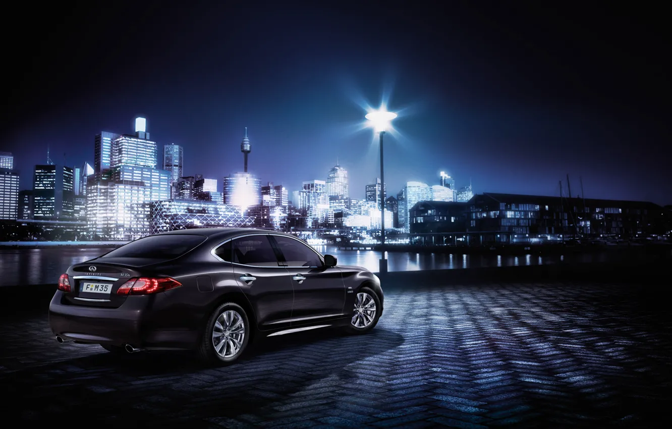 Photo wallpaper machine, light, night, the city, building, Infiniti, car, Hybrid