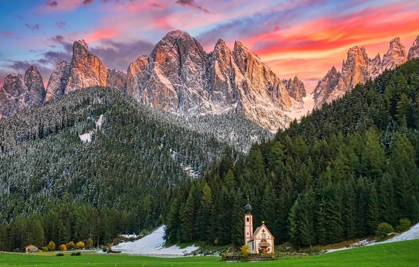 Photo wallpaper landscape, sunset, mountains, nature, Italy, Church, forest, The Dolomites