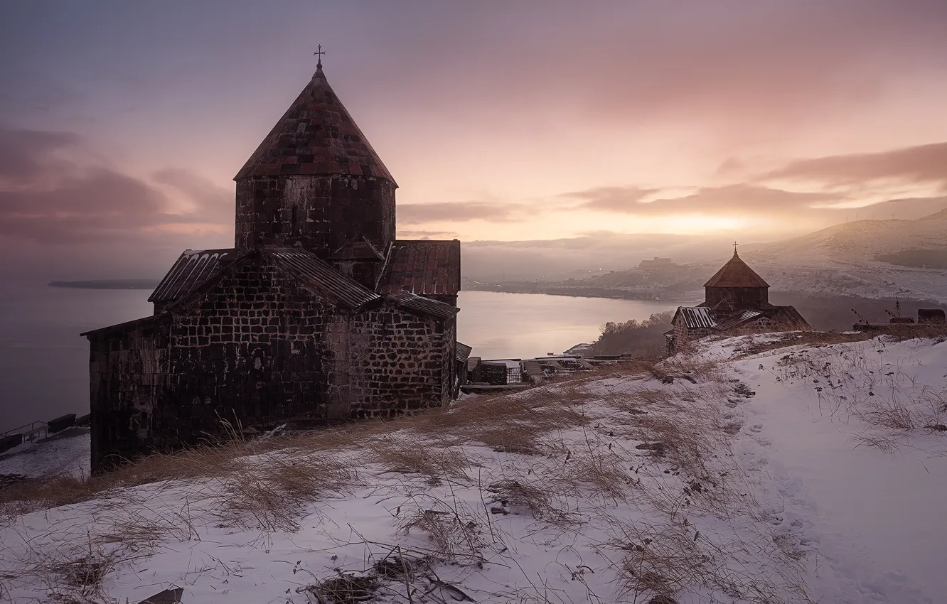 Photo wallpaper winter, the sky, clouds, snow, shore, building, construction, Church