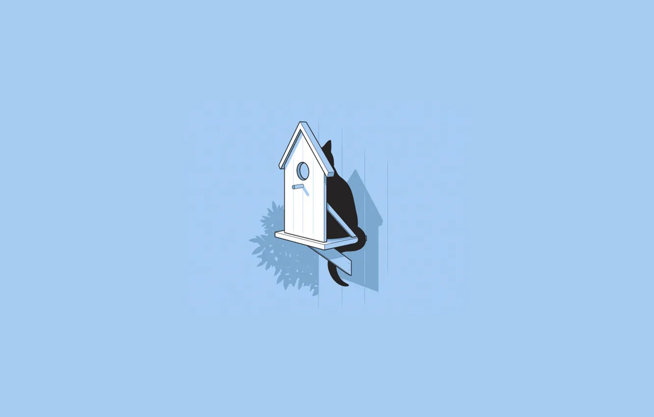 Photo wallpaper cat, cat, minimalism, ambush, birdhouse, hunting