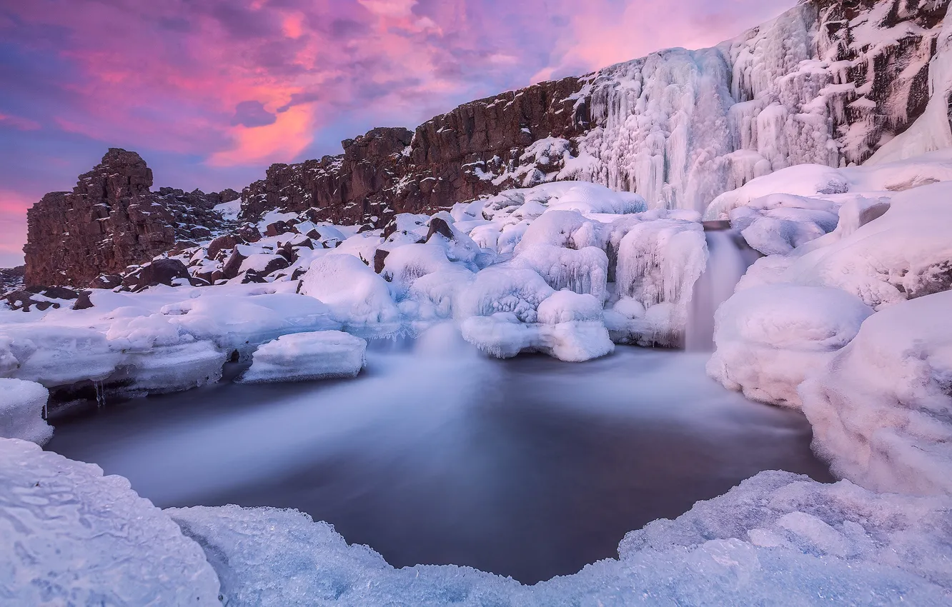 Photo wallpaper winter, river, rocks, ice, Iceland, Iceland, Agcareers, frozen waterfall