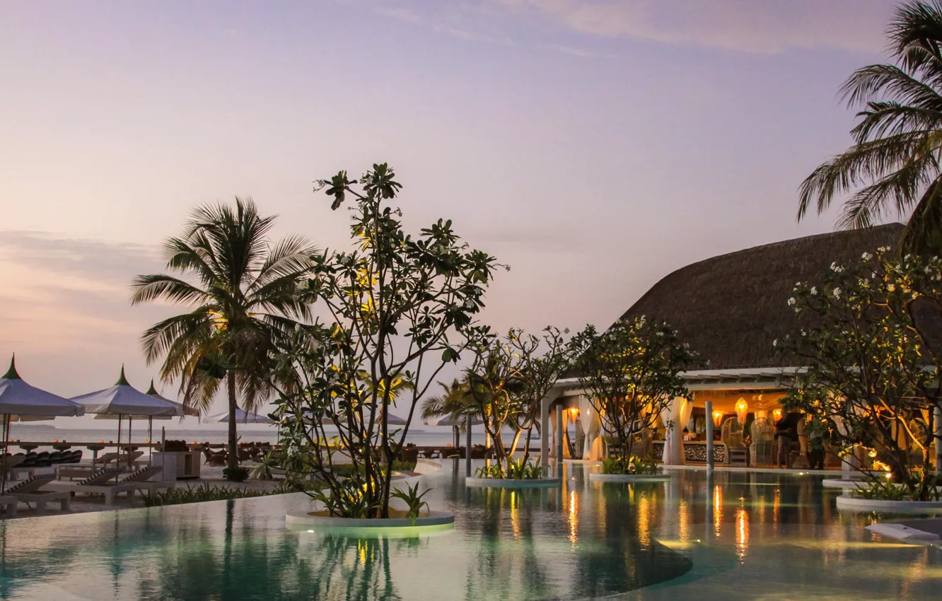 Photo wallpaper beach, palm trees, the ocean, club, the evening, pool, lighting, The Maldives