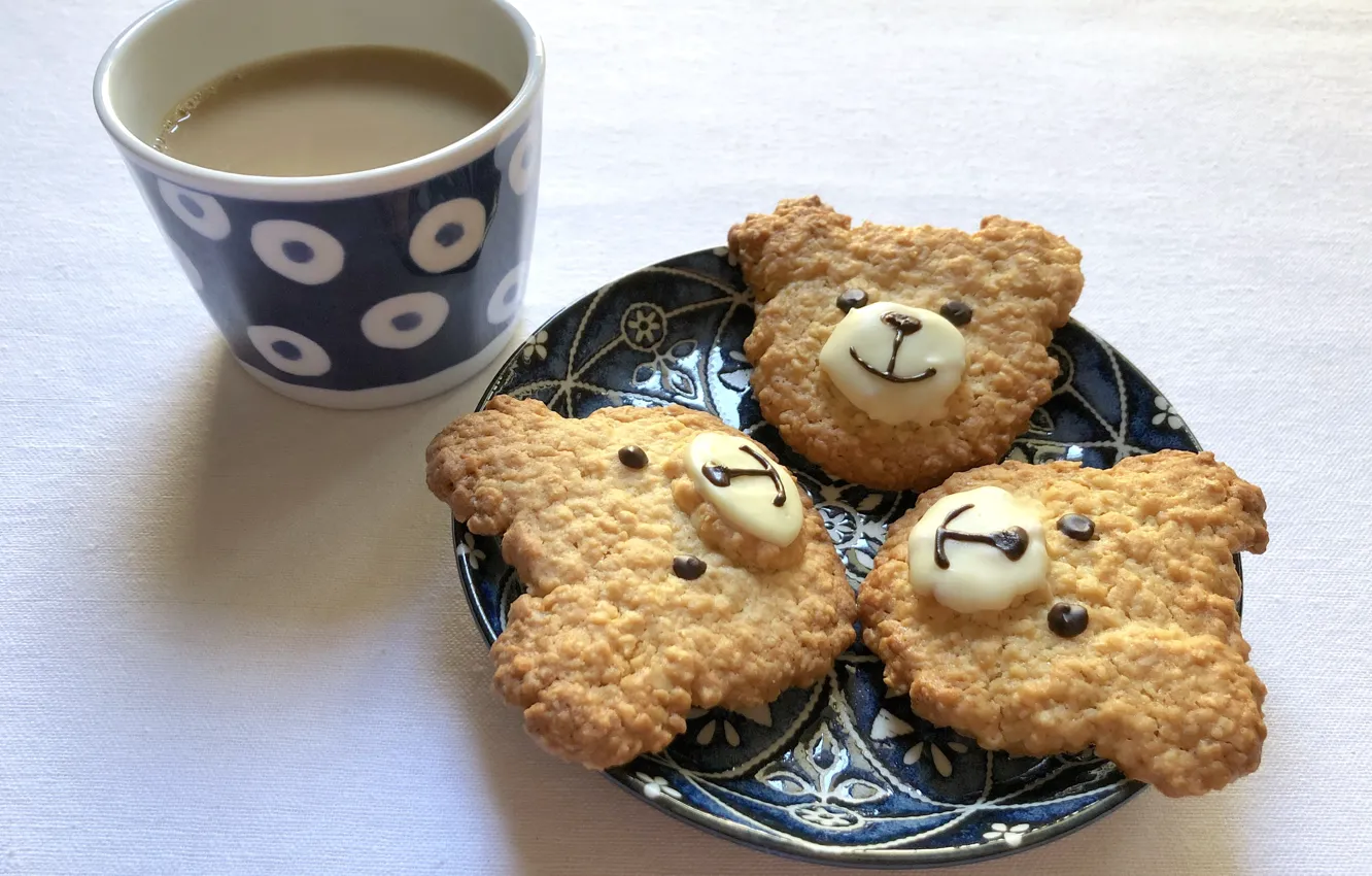 Photo wallpaper coffee, cookies, bear, Cup, saucer, cocoa