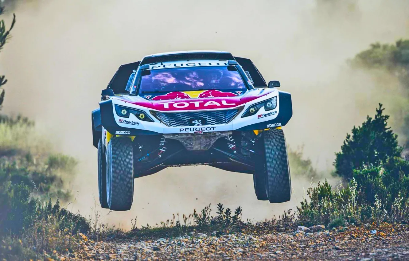 Photo wallpaper Sport, Speed, Race, Dirt, Peugeot, Lights, Red Bull, Rally