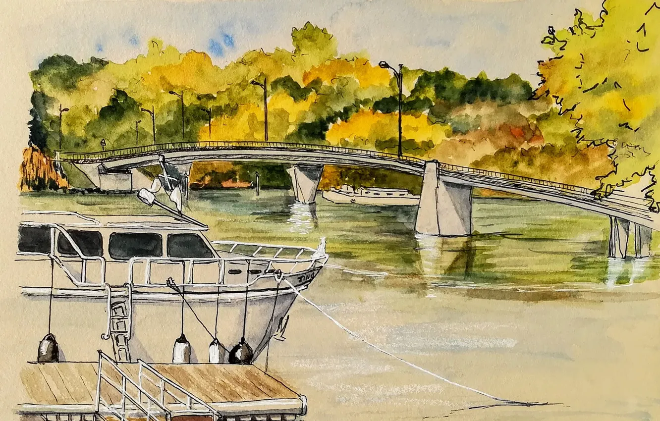 Photo wallpaper autumn, bridge, figure, ship, watercolor