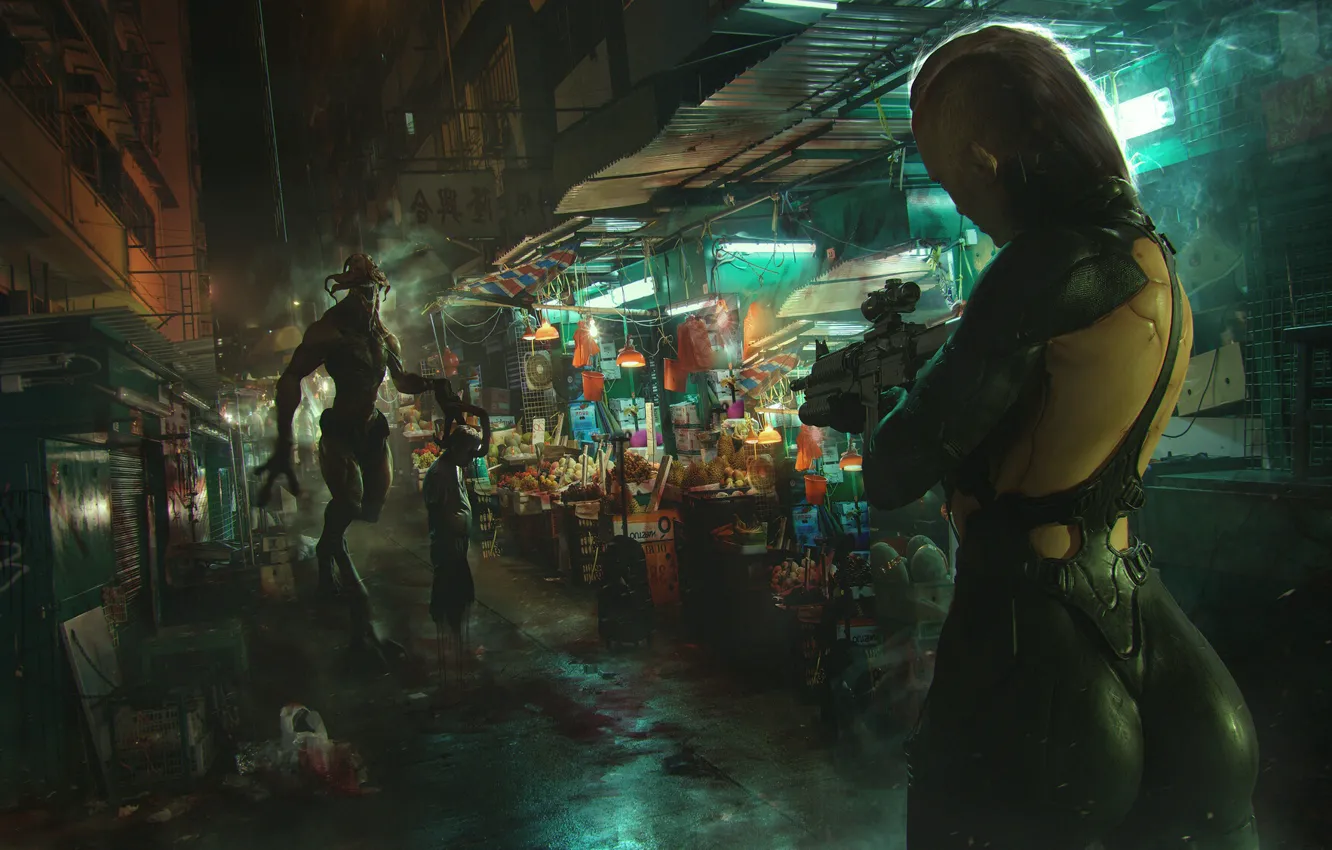 Photo wallpaper girl, night, city, the city, weapons, fiction, monster, machine