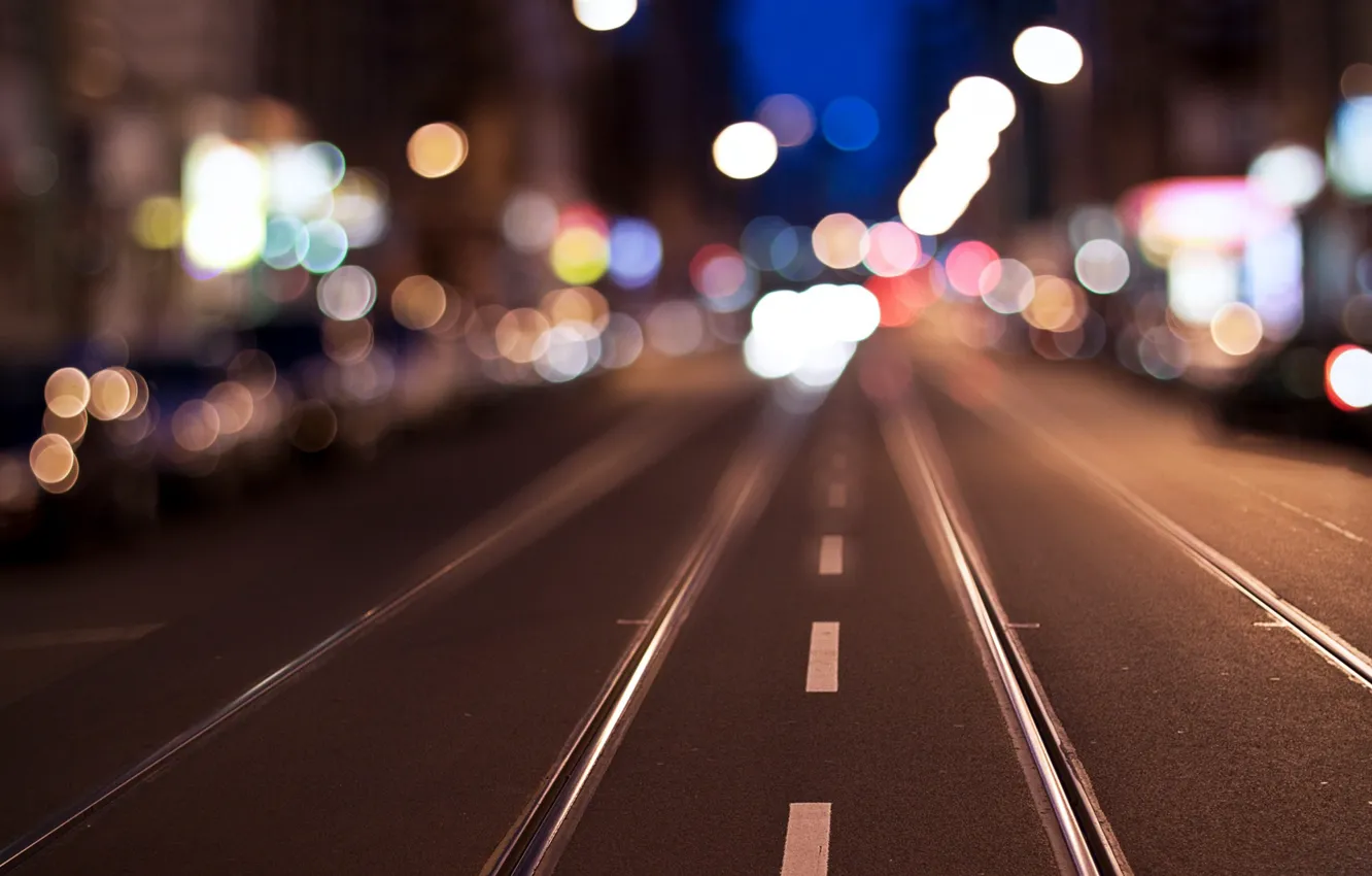 Photo wallpaper city, lights, evening, street, traffic, Far Away, blur bokeh effect, dividing line
