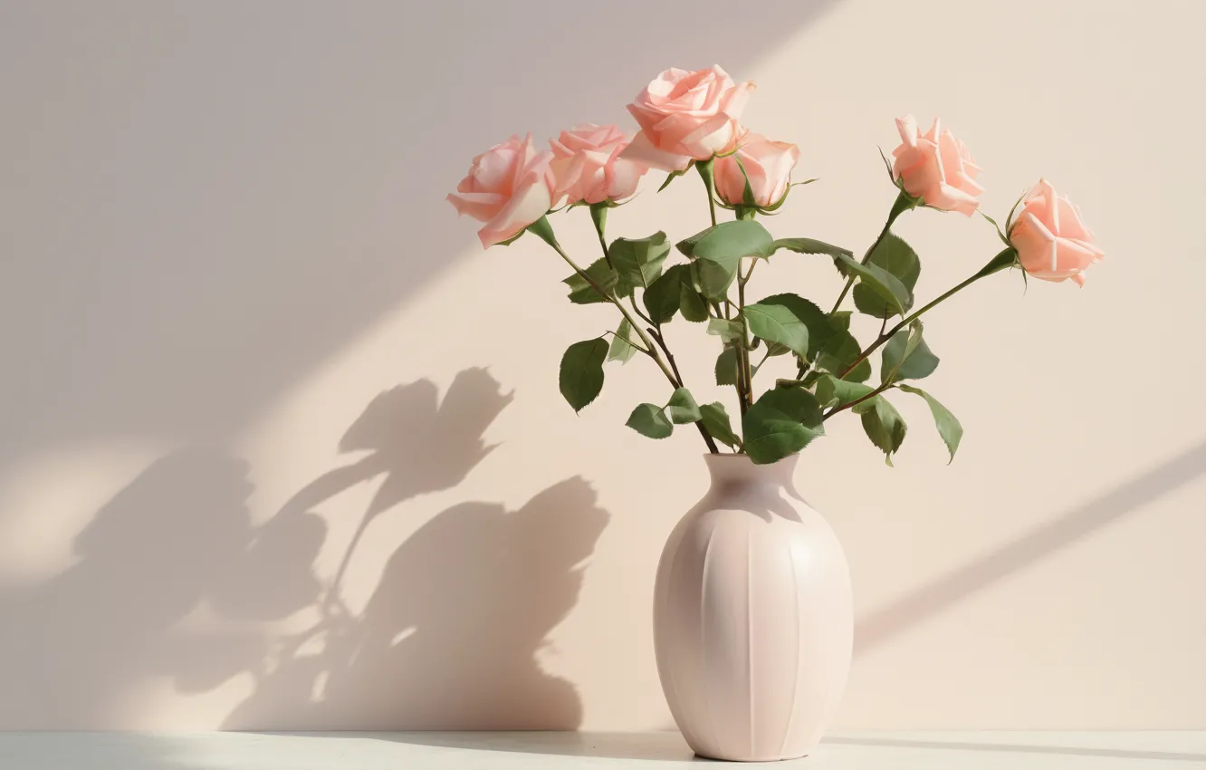 Photo wallpaper flowers, roses, bouquet, vase, AI art, neural network