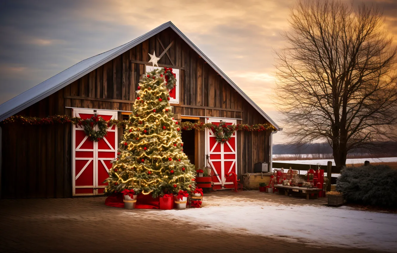 Photo wallpaper winter, snow, decoration, gift, balls, tree, new year, Christmas