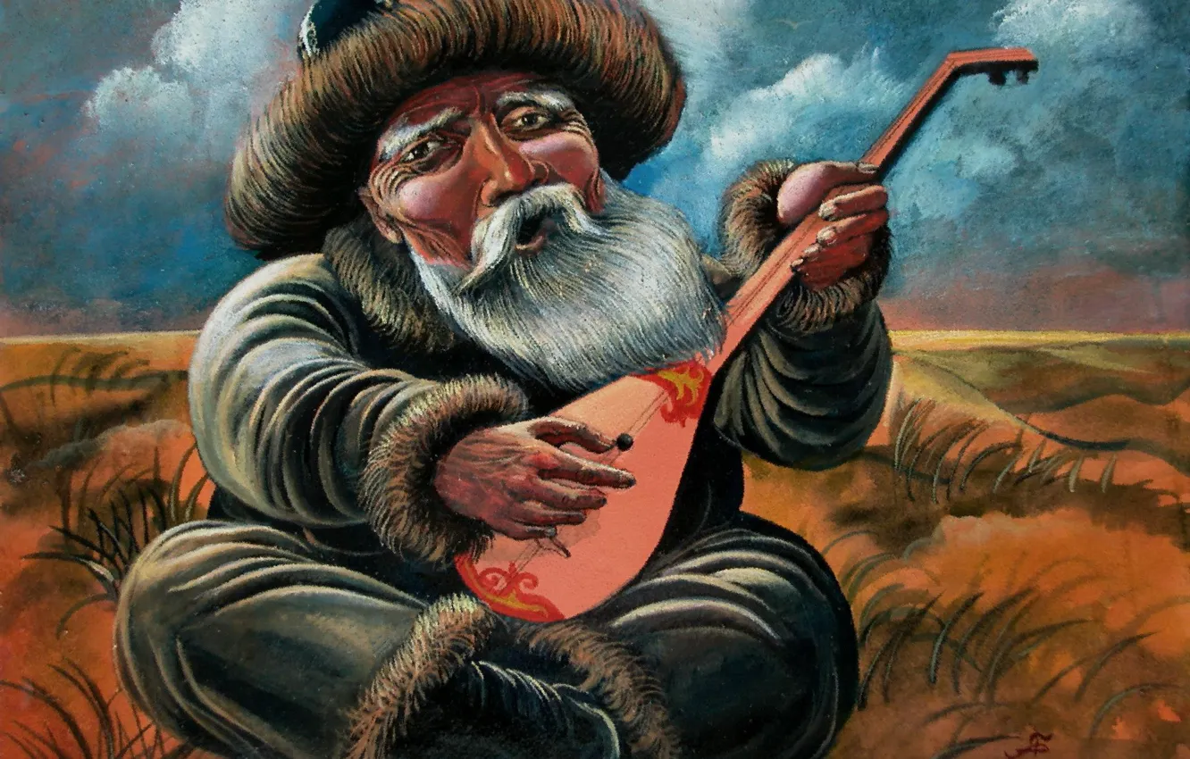 Photo wallpaper the old man, Aibek Begalin, Two thousand five, dombra, Bard