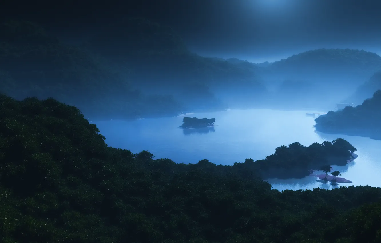 Photo wallpaper sea, forest, Islands, night, fog, lake, hills, art