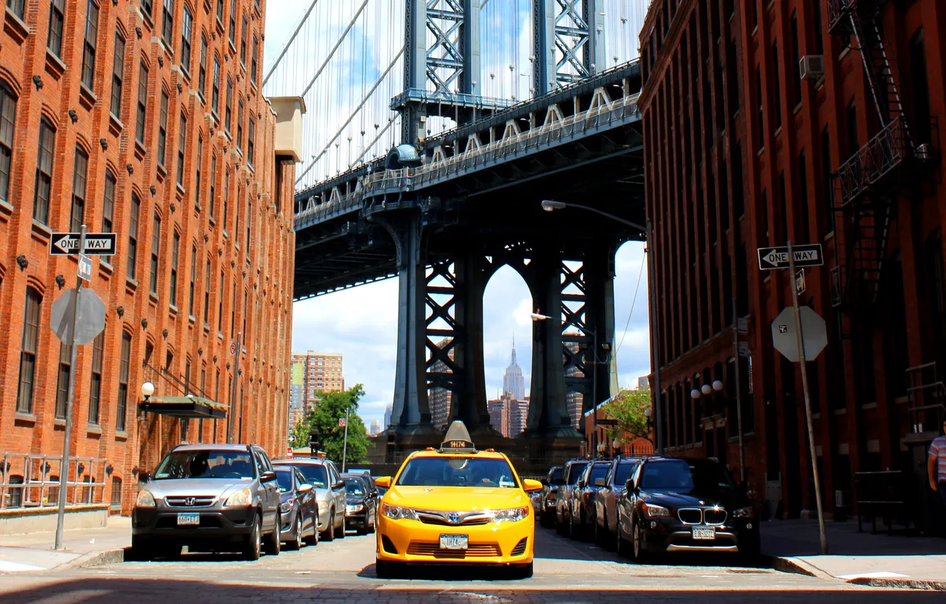 Photo wallpaper auto, bridge, the city, street, building, taxi, New York, New York