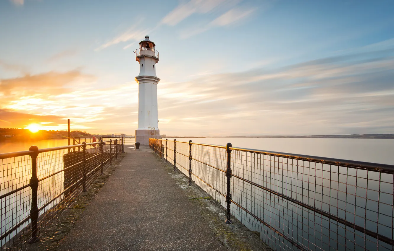 Photo wallpaper sea, lighthouse, morning, Scotland, Edinburgh, the breakwater, Newhaven