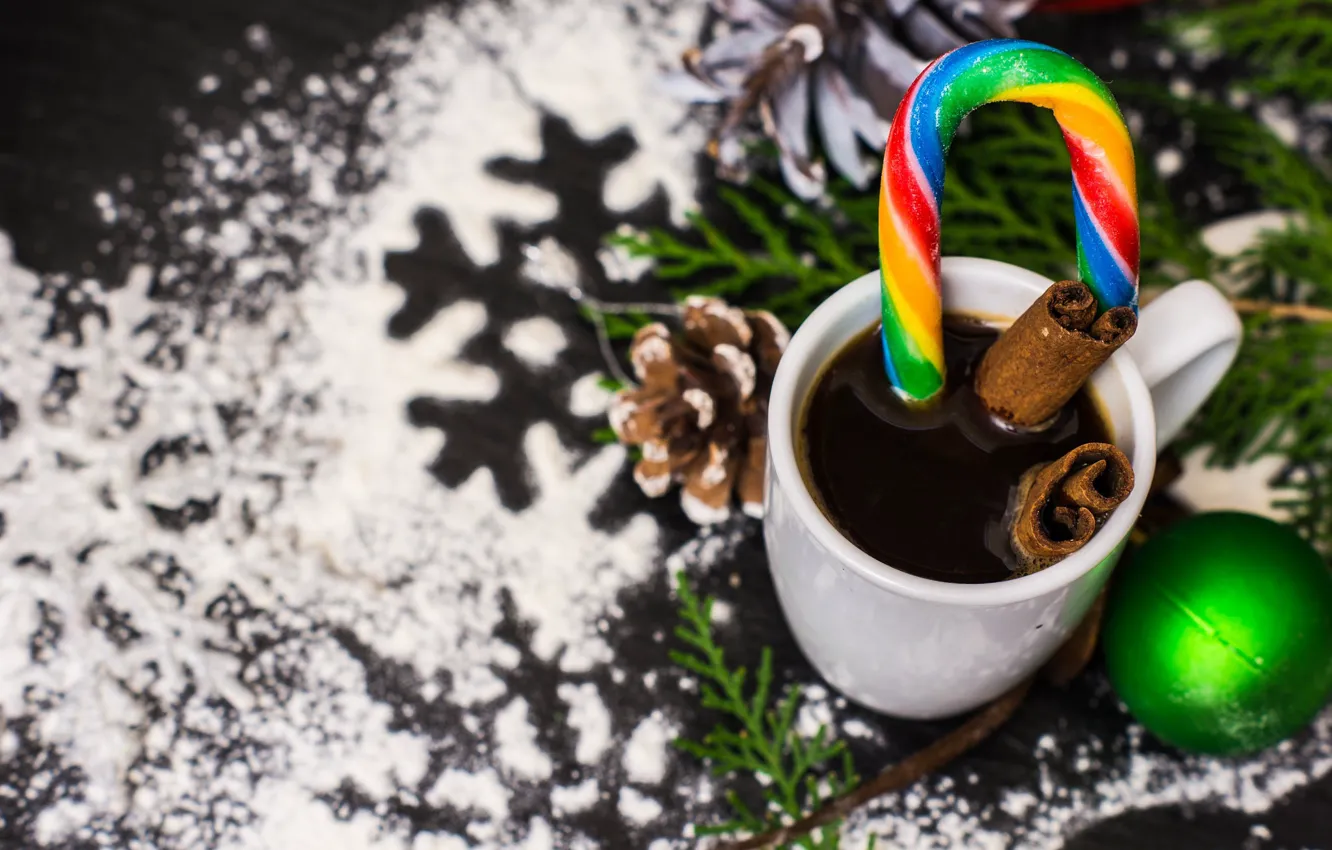 Photo wallpaper branches, toy, ball, Cup, drink, candy, cinnamon, bump