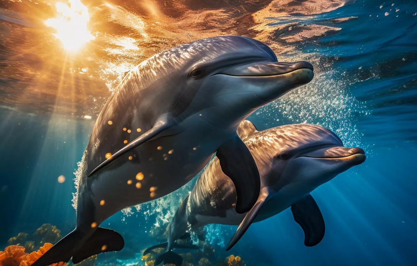 Photo wallpaper fish, dolphins, two, underwater world, the rays of the sun, digital art, AI art, The …