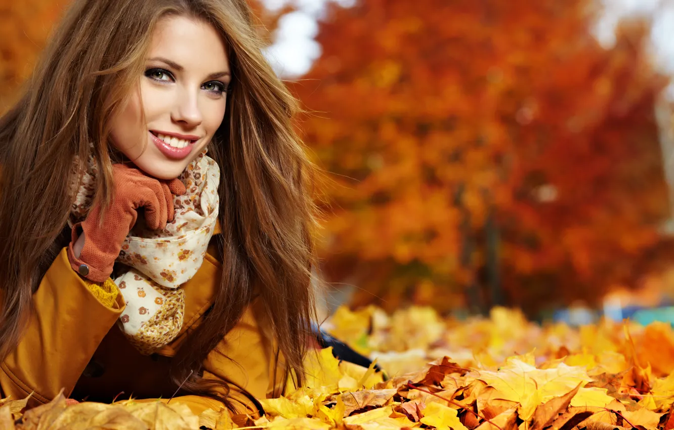 Photo wallpaper autumn, look, leaves, girl, smile, brown hair, scarf, glove