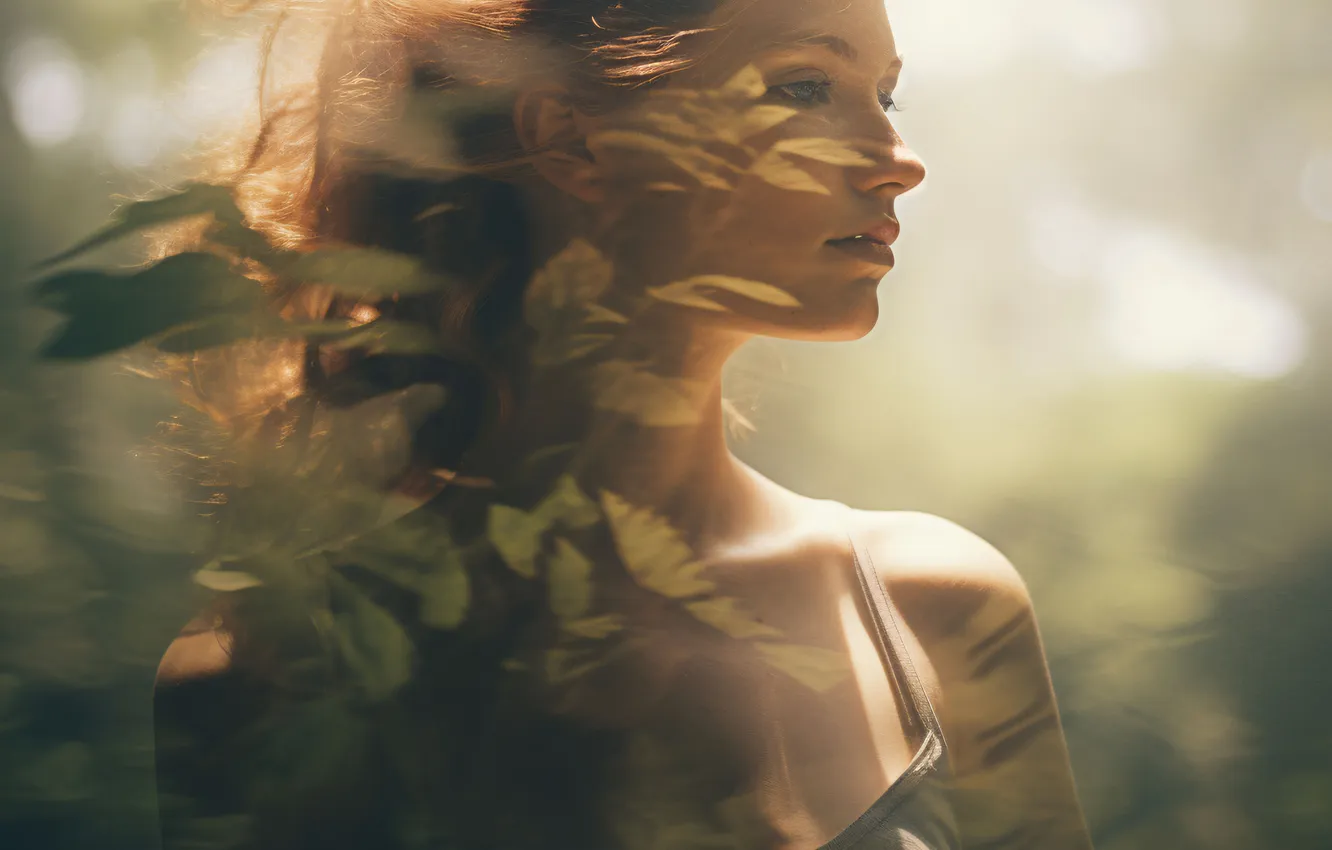 Photo wallpaper Girl, Leaves, Hair, Digital art, AI art, The Art of Artificial Intelligence, Neural network