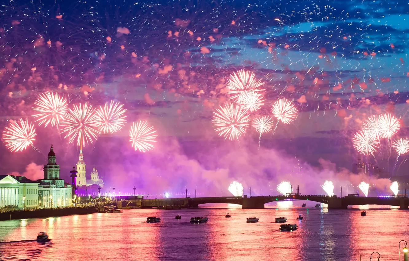 Photo wallpaper night, city, the city, lights, salute, colorful, water, night