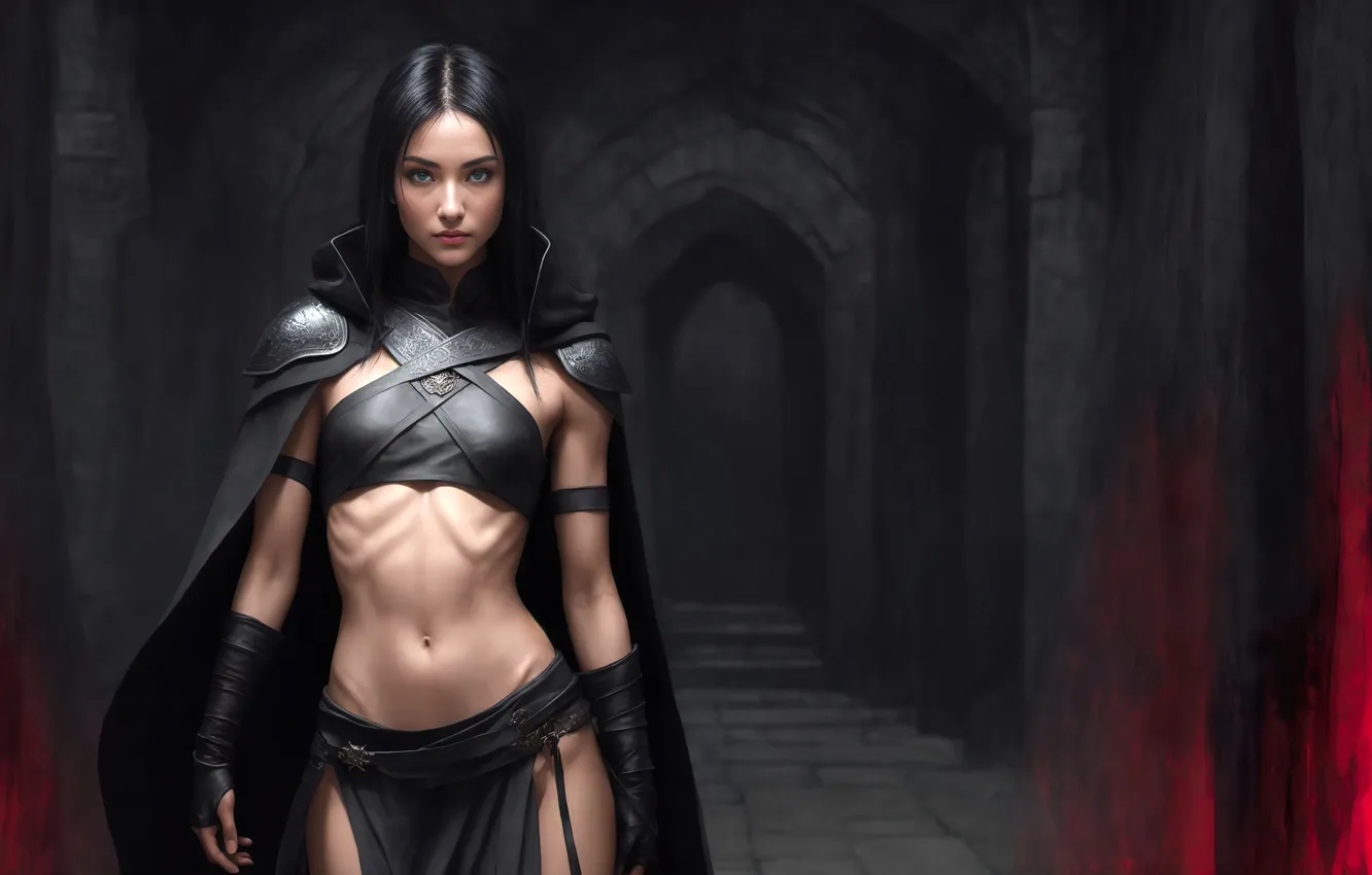 Photo wallpaper girl, art, digital art, fantasy art, black clothes, dungeon, Cloak, fantasy girl