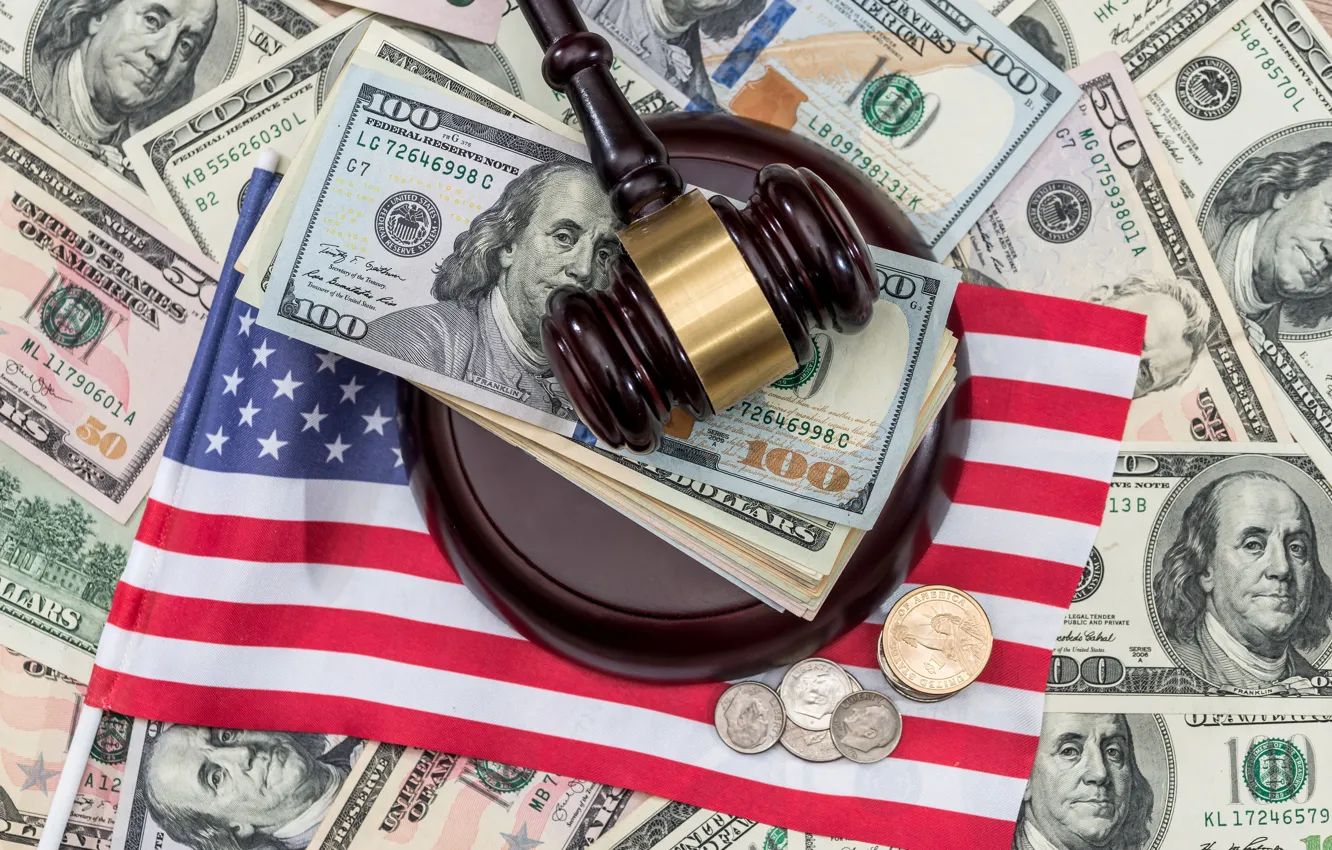 Photo wallpaper United States, flag, money, dollars, justice, corruption