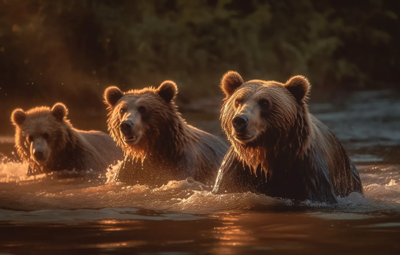 Photo wallpaper water, bear, river, three, digital art, AI art, The Art of Artificial Intelligence, neural network