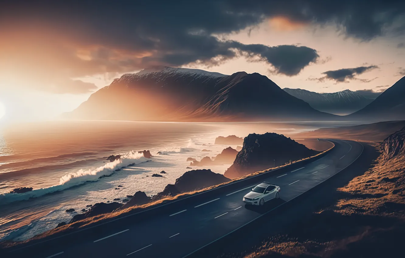 Photo wallpaper road, sea, car, machine, beach, sunset, mountains, beach