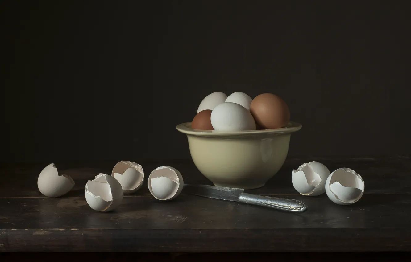Photo wallpaper table, eggs, knife, bowl, still life, shell, ceramics, egg
