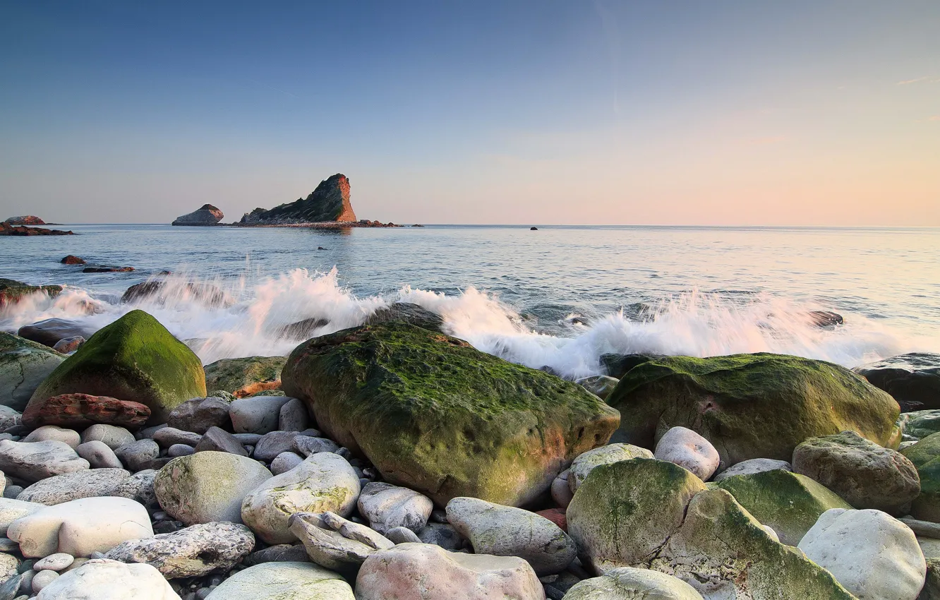 Photo wallpaper sea, the sky, squirt, nature, stones, rocks, shore, horizon