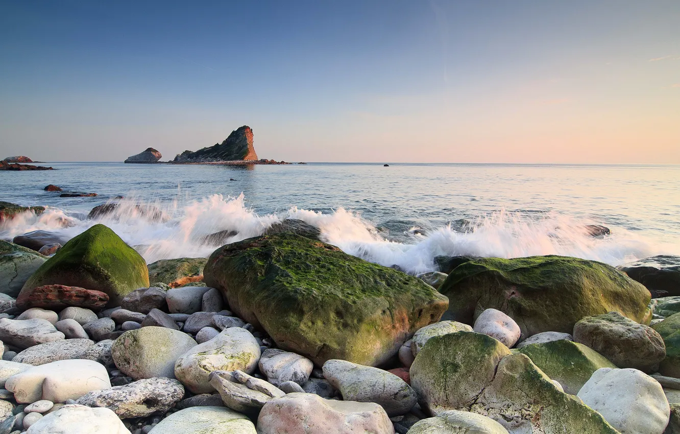 Photo wallpaper sea, the sky, squirt, nature, rock, stones, shore, horizon