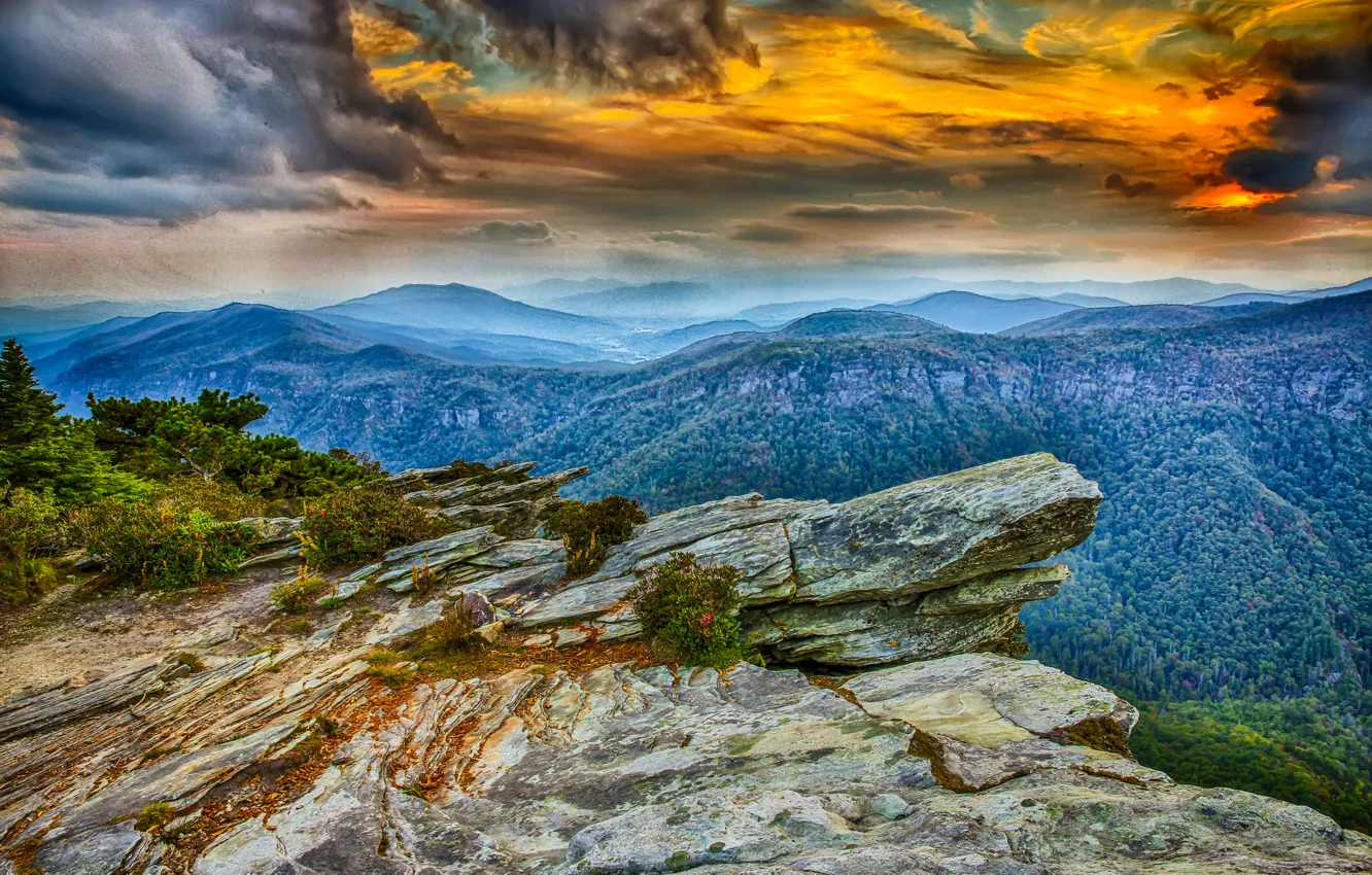 Photo wallpaper the sky, clouds, sunset, mountains, rocks