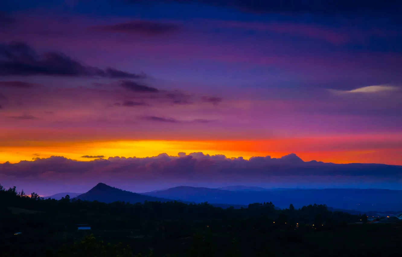 Photo wallpaper the sky, clouds, trees, sunset, mountains, glow