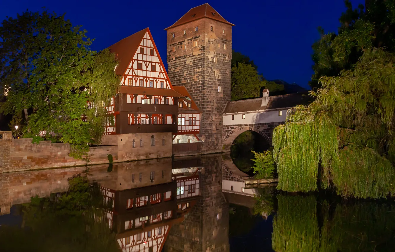 Photo wallpaper night, bridge, lights, tower, Germany, Bayern, Nuremberg