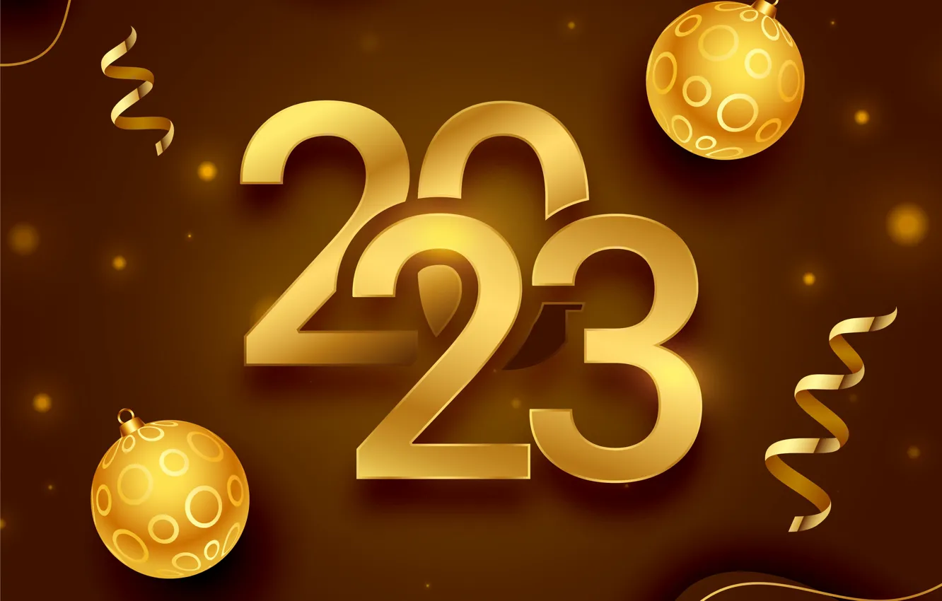 Photo wallpaper balls, lights, new year, figures, gold, serpentine, date, brown background