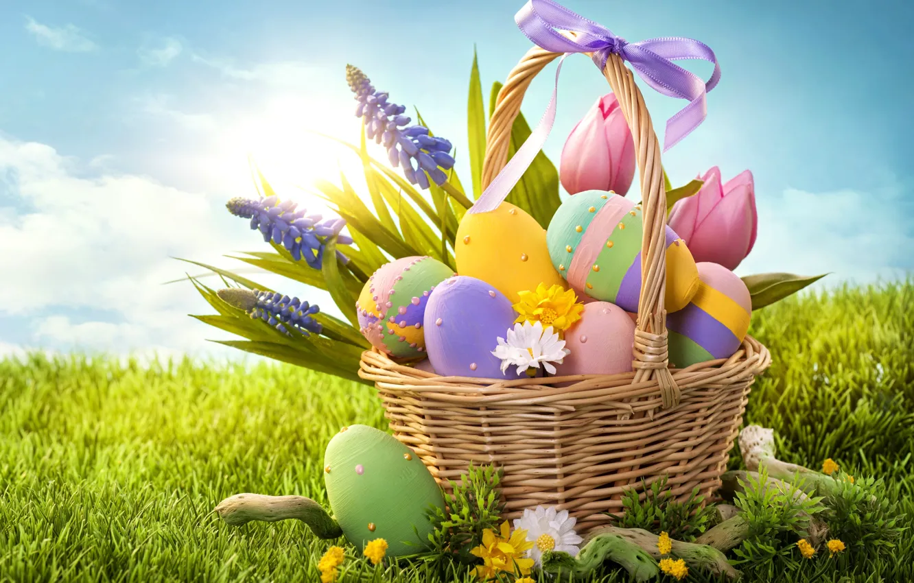 Photo wallpaper grass, flowers, holiday, basket, eggs, spring, Easter, bow