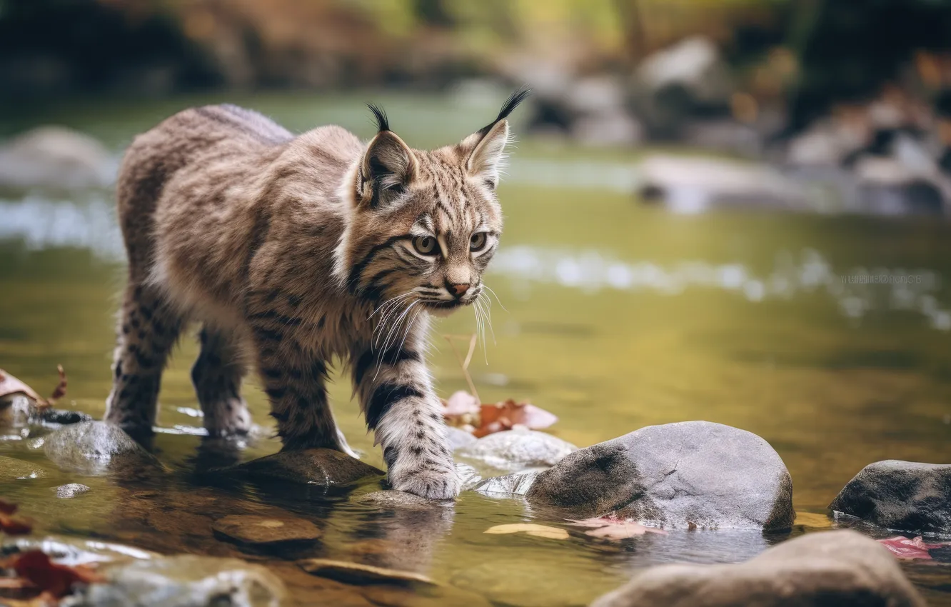 Photo wallpaper Water, Look, Kitty, Stones, Cub, Lynx, Digital art, Big cat