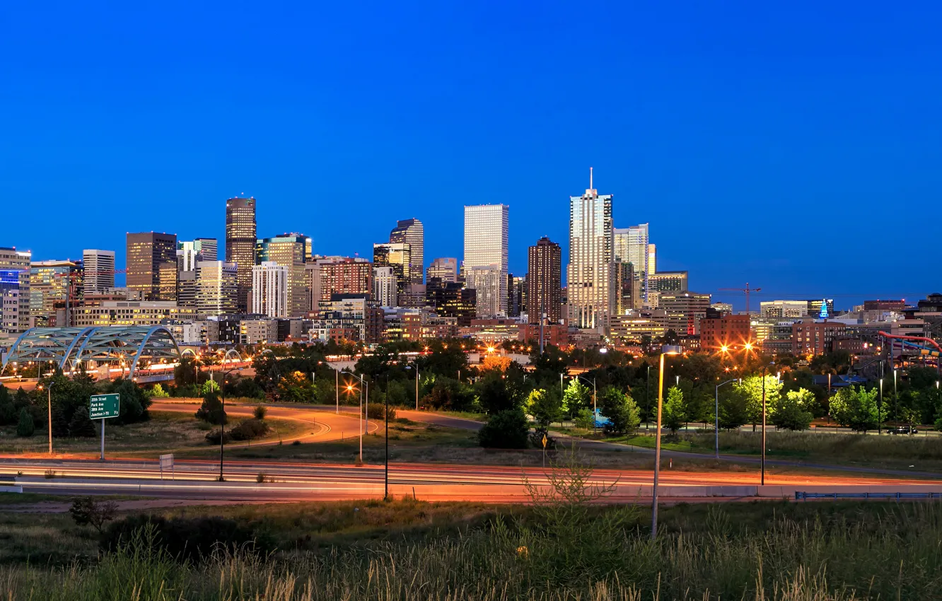 Photo wallpaper road, lights, home, the evening, panorama, USA, Denver