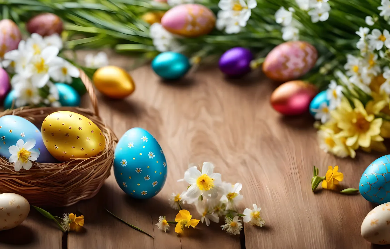Photo wallpaper flowers, eggs, spring, colorful, Easter, happy, flowers, spring