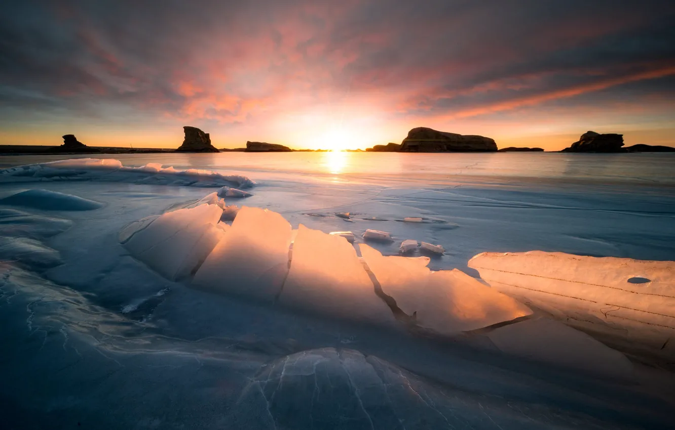 Photo wallpaper ice, winter, the sky, the sun, clouds, rays, light, snow
