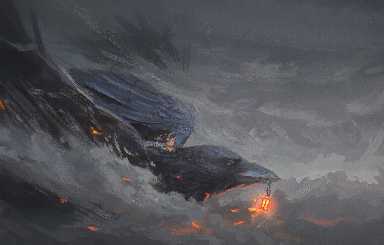 Photo wallpaper bird, smoke, beak, art, lights, girl, crows, Raven