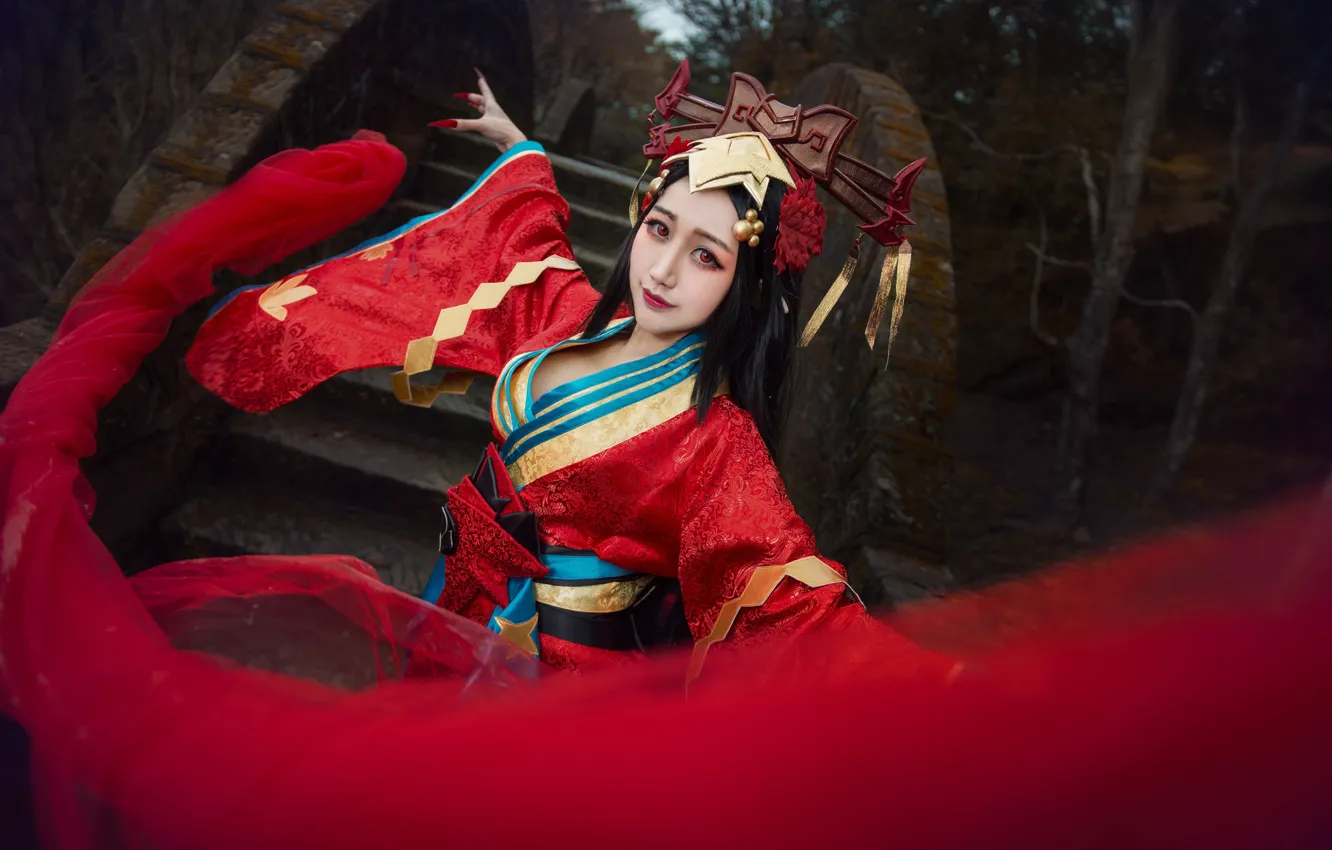 Photo wallpaper look, girl, red, nature, face, pose, style, the dark background