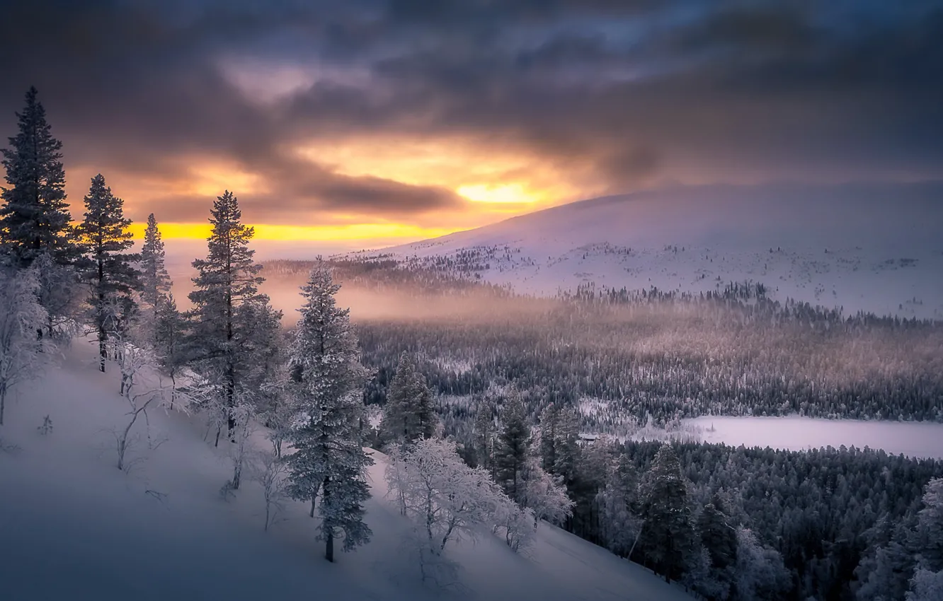 Photo wallpaper winter, sunset, mountains, Finland