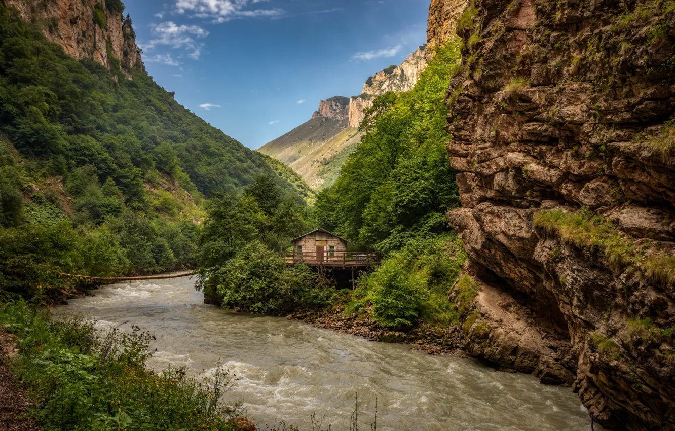 Photo wallpaper landscape, mountains, nature, river, the bridge, Kabardino-Balkaria, Alexander the Silent, Chegem Gorge