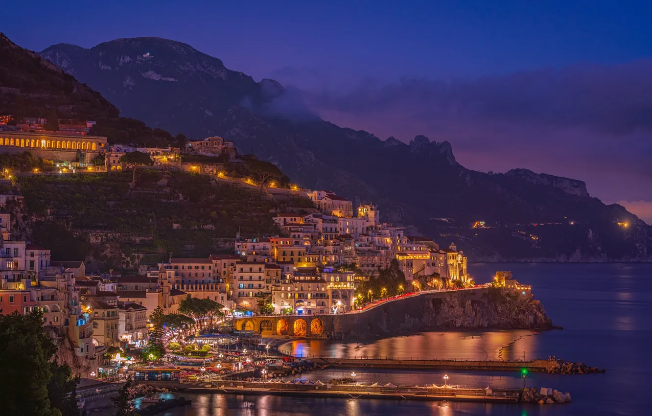 Photo wallpaper sea, night, lights, home, Italy, Amalfi