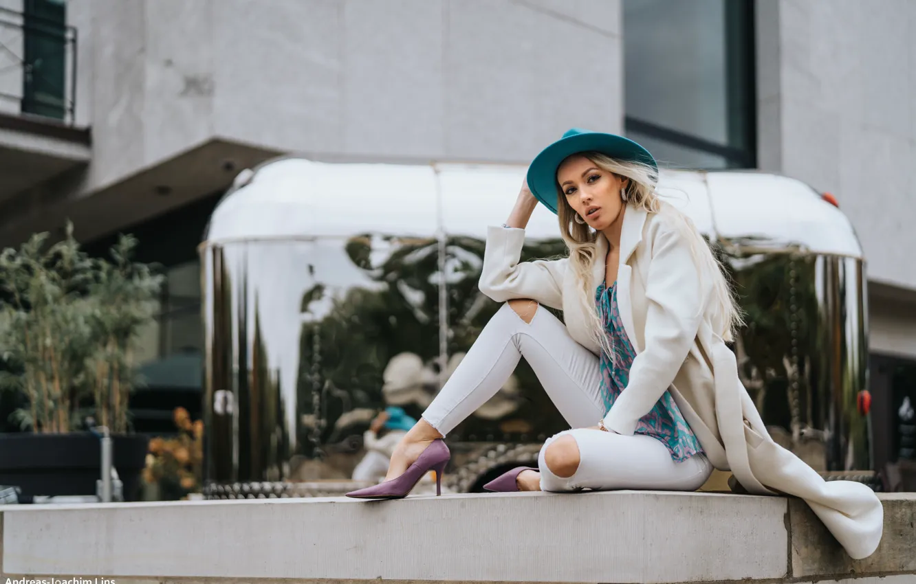 Photo wallpaper girl, pose, style, hat, blonde, shoes, coat, Olya Alessandra