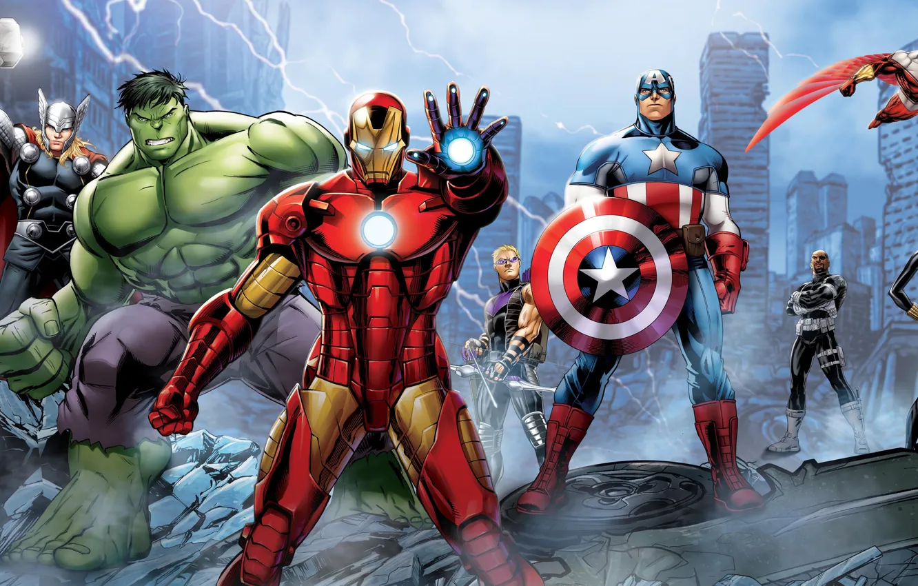 Photo wallpaper the wreckage, the city, Falcon, the ruins, shield, Hulk, Hulk, Iron Man