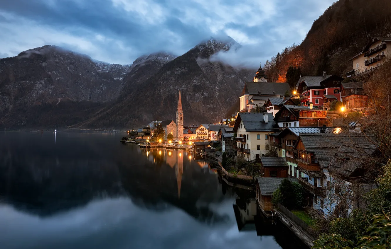 Photo wallpaper sea, water, mountains, fog, home, Austria, Hallstatt, Alby