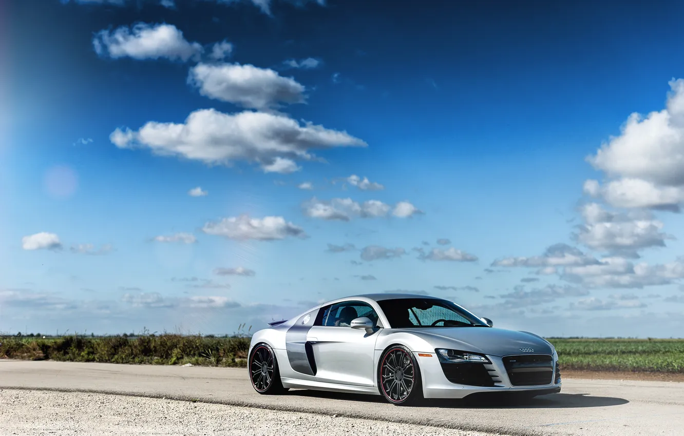 Photo wallpaper road, the sky, grass, clouds, Audi, Audi, silver, side view
