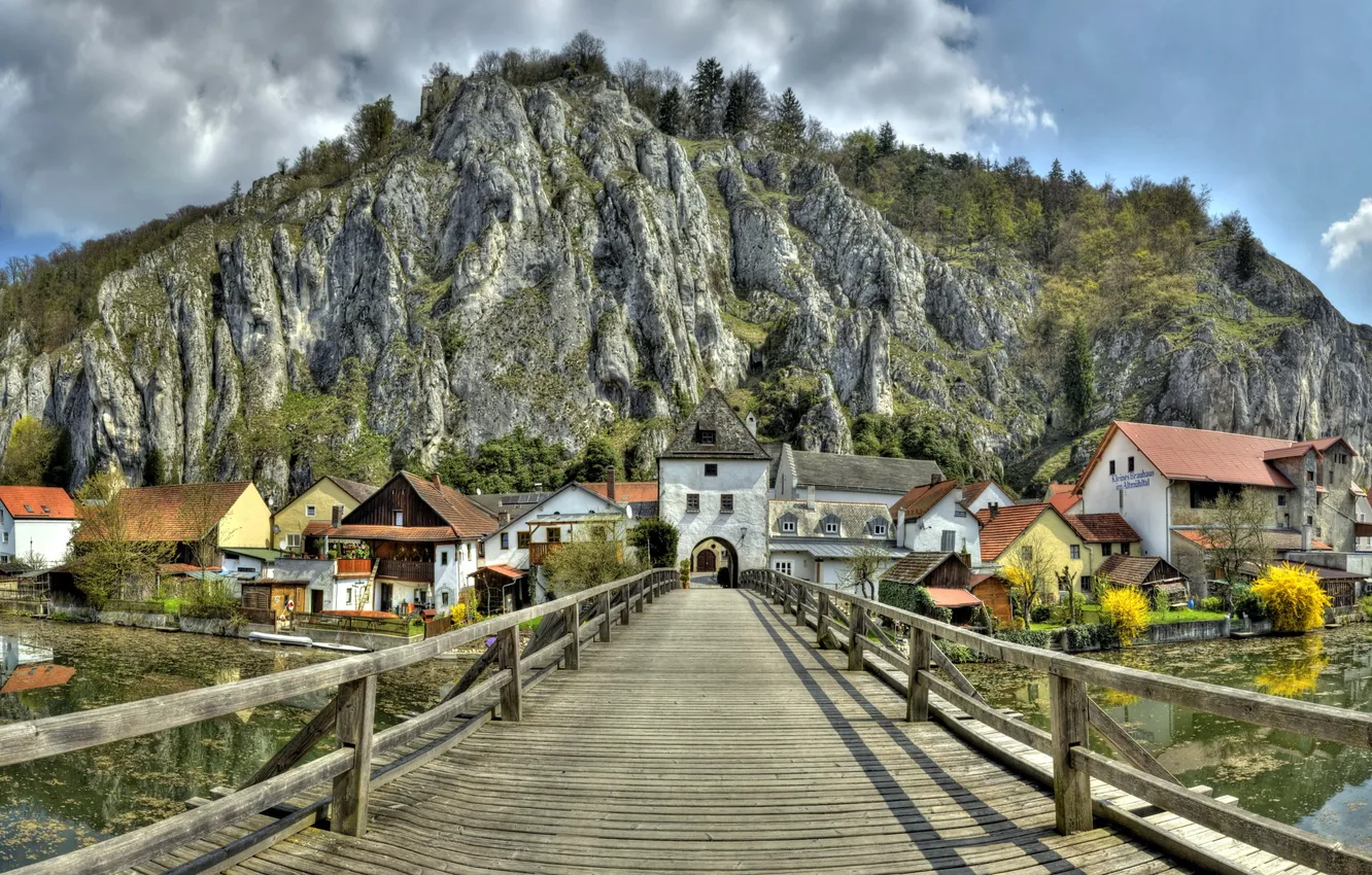 Photo wallpaper trees, bridge, the city, photo, rocks, HDR, home, Germany